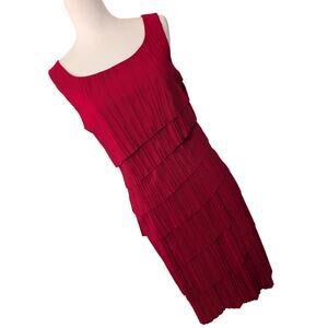 CONNECTED APPAREL! RICH RED MICRO PLEATED, DIAGONAL TIERED SLEEVELESS DRESS! 10